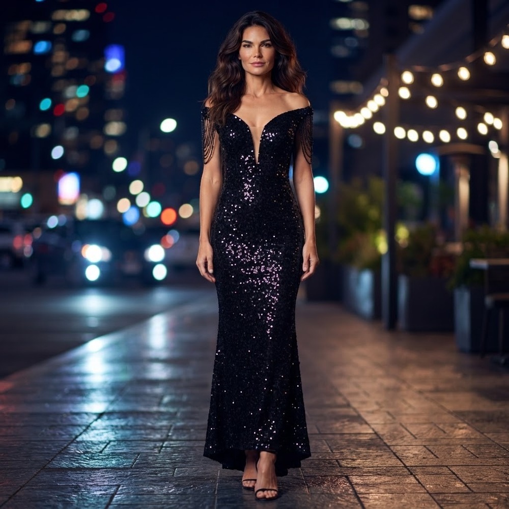 Love & Lemonade Black Sequin Cold Shoulder Beaded Fringe Mermaid Gown Size M